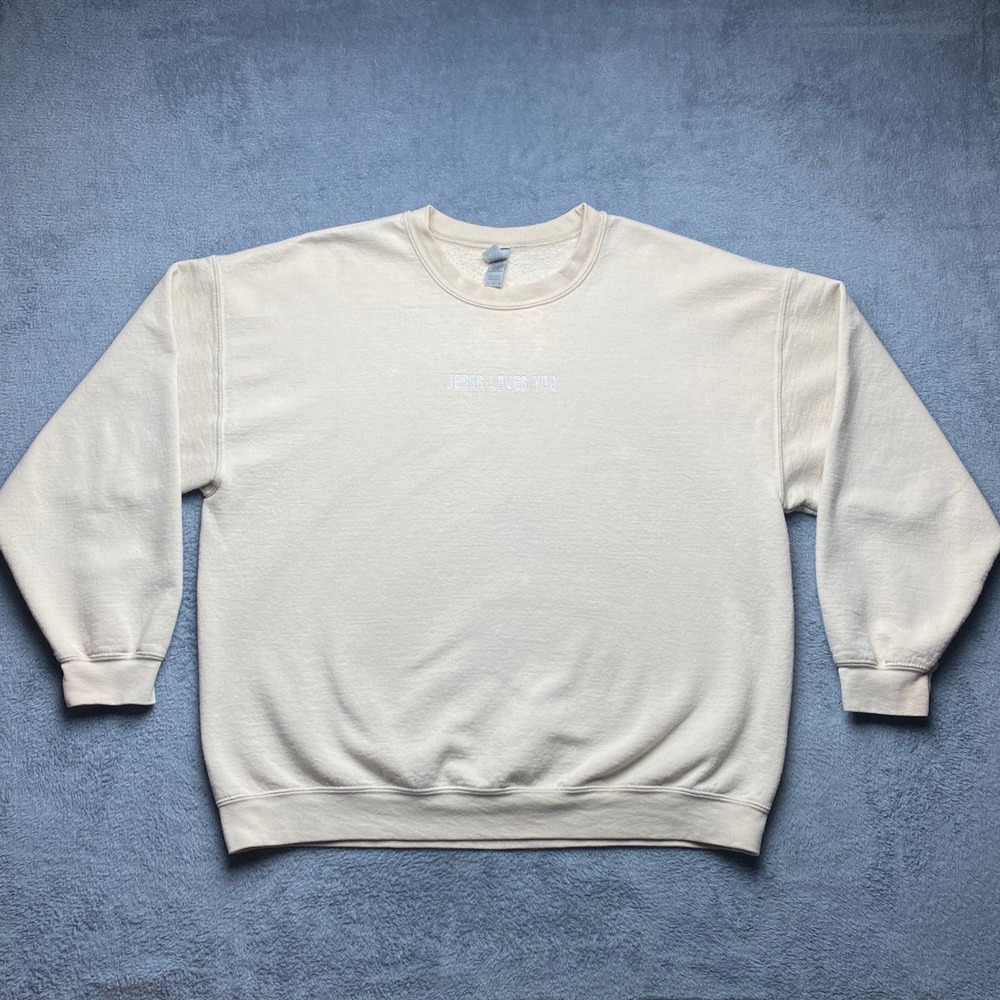 Jesus Loves You Sweatshirt Mens XL‎ Embroidered Sand Beige Gildan Heavy Blend